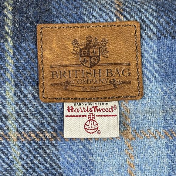 British Bag Company Harris Tweed Wash Bag Dopp Kit Travel Blue Plaid Leather 8x6 - Picture 2 of 15